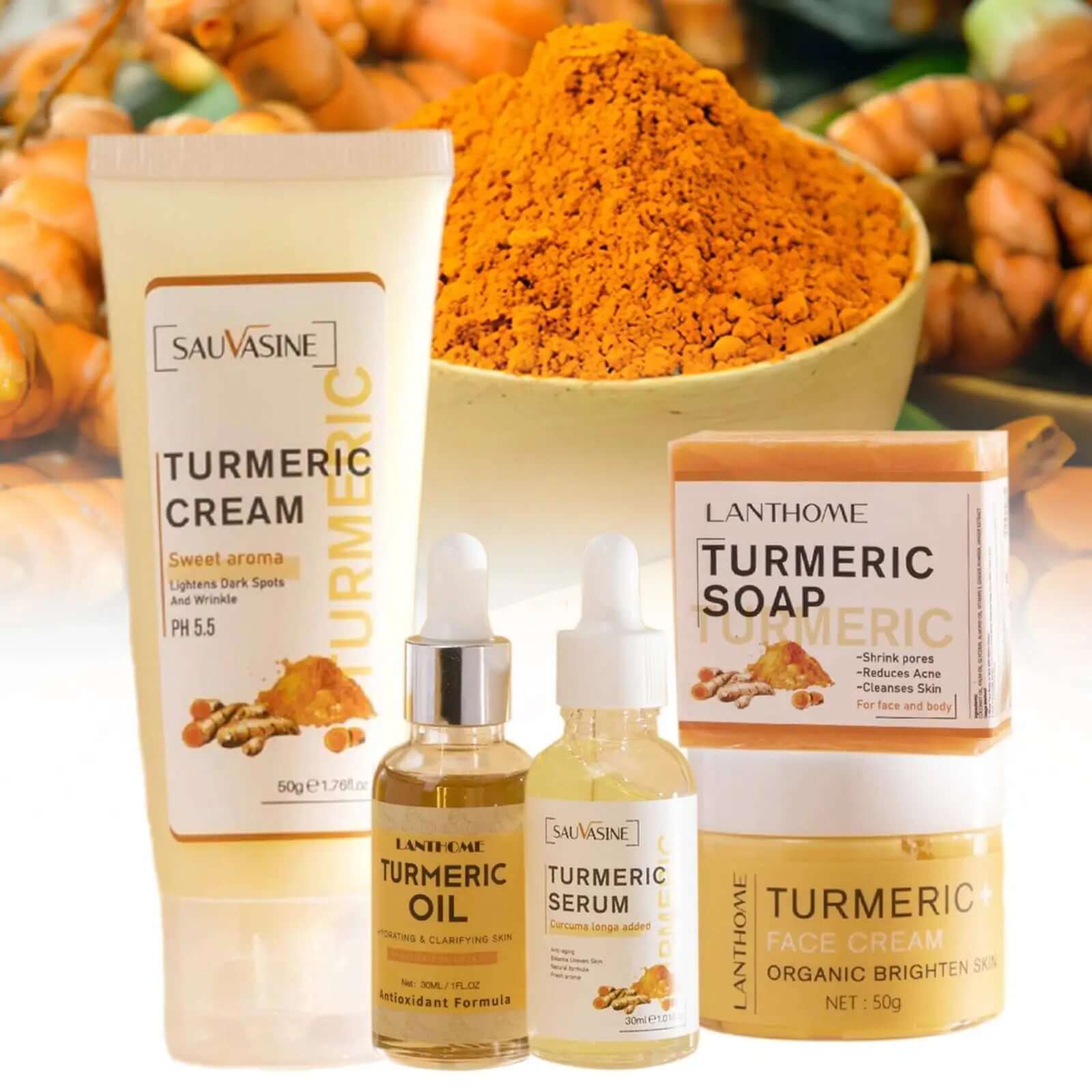 Turmeric Facial Care Kit with Cleansing Cream, Anti-Aging Serum, and Moisturizer, Targets Dark Spots for Healthy Skin Care