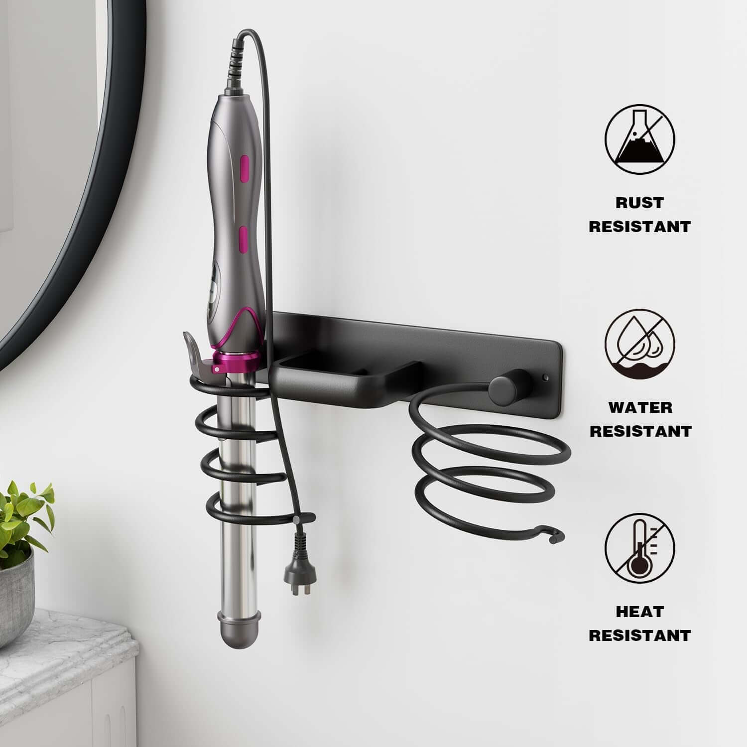 Hair Dryer Holder 3 in 1 Hair Tool Organizer,Blow Dryer Holder Wall Mounted,Bathroom Bedroom Hair Care Styling for Flat Iron,Curling Iron,Hair Straightener （Black）