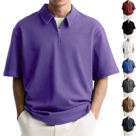 Men's Casual Zipper Polo Shirt Summer Comfortable Breathable Lapels Short-sleeved Top