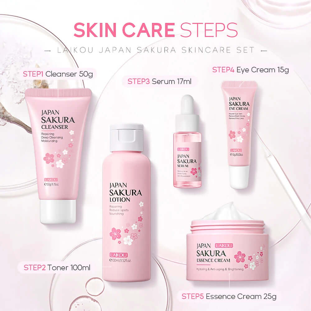 Sakura Skincare Set Oil Control Facial Cleanser Nourishing Face Serum Face Cream Fade Dark Circles Eye Cream Face Care Products